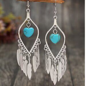Blue Love Stone - Turquoise & Silver Plated Feather Dangle Earring